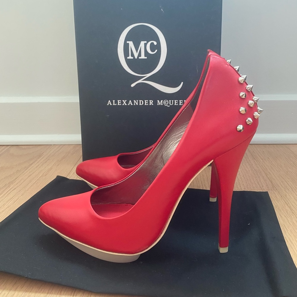 McQ by Alexander McQueen cherry red napa leather studded heels, NIB, size 37